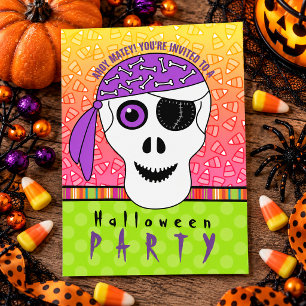 Whimsical Pirate Skull Halloween Party Invitation Postcard