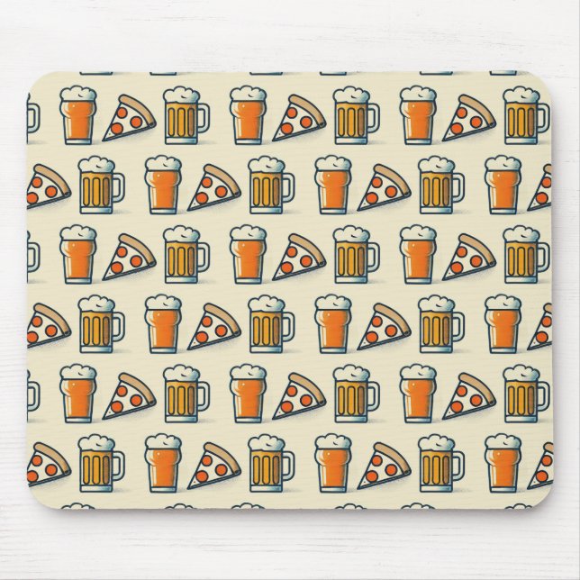 Whimsical Pizza and Beer Pattern Mouse Pad (Front)