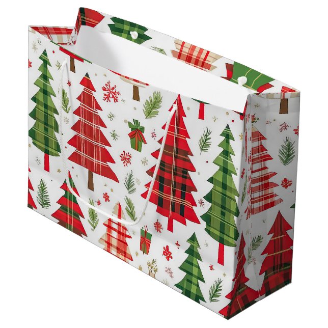 Whimsical Plaid Christmas Tree Pattern Holiday  Large Gift Bag (Front Angled)