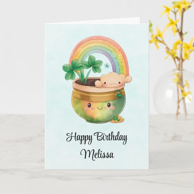 Whimsical Planter with Rainbow & Clover Birthday Card (Yellow Flower)
