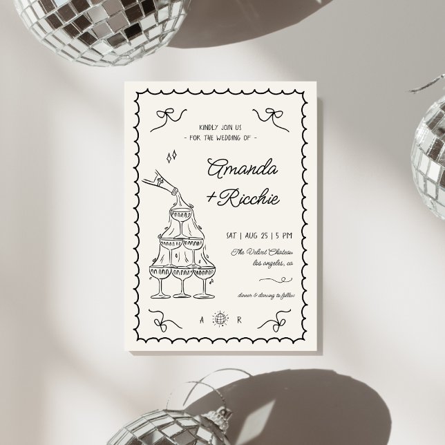 Whimsical Playful Champagne Tower Doodle Wedding Invitation (Creator Uploaded)