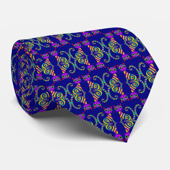 Whimsical Playful Rainbow Cat Pattern  Tie (Rolled)