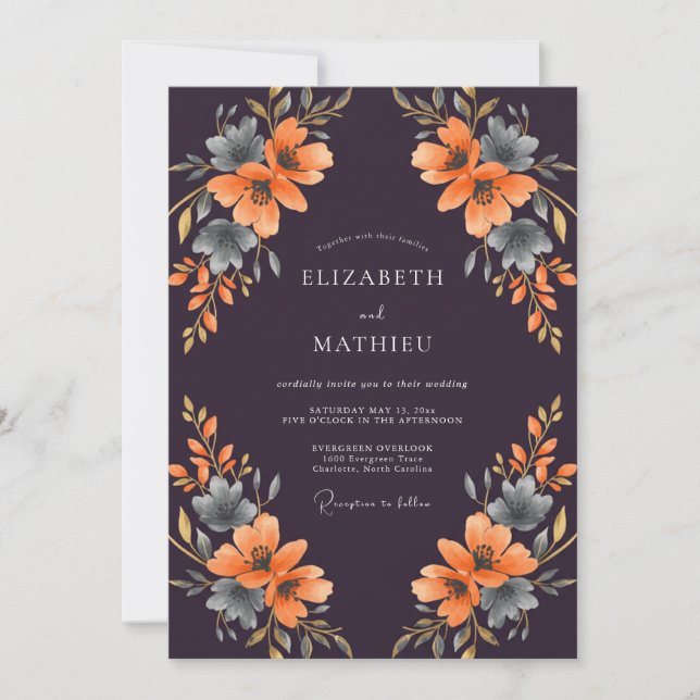 Whimsical Plum Orange Painted Wedding Invitation (Front)