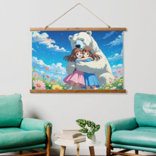 Whimsical Polar Bear and Children Illustration Hanging Tapestry