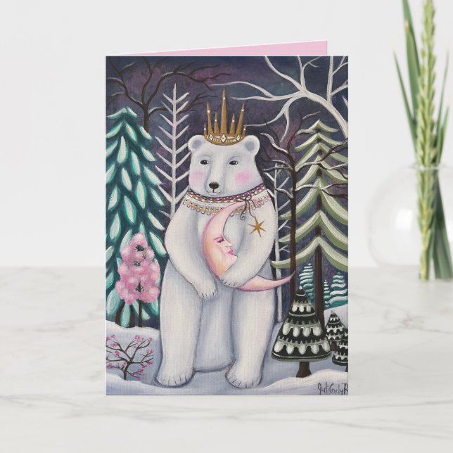 Whimsical Polar Bear and Moon Winter Art Card (Front)