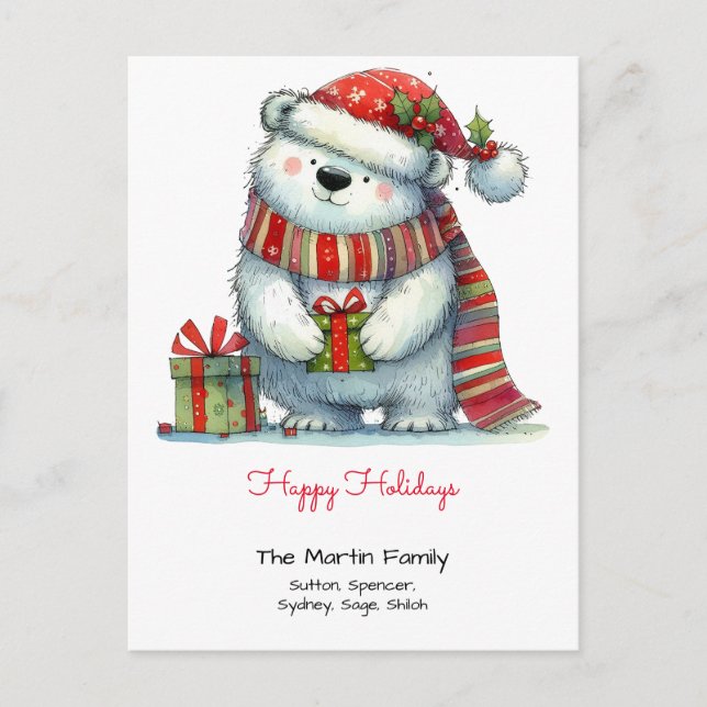 Whimsical Polar Bear in a Santa Hat Happy Holidays Postcard (Front)