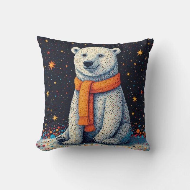 Whimsical Polar Bear In Orange Scarf Cushion (Front)