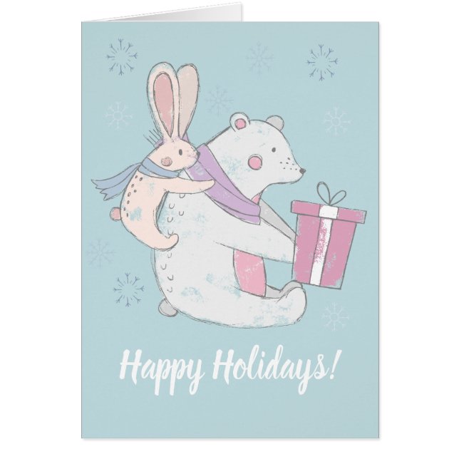 Whimsical Polar Bear Rabbit Happy Holidays (Front)