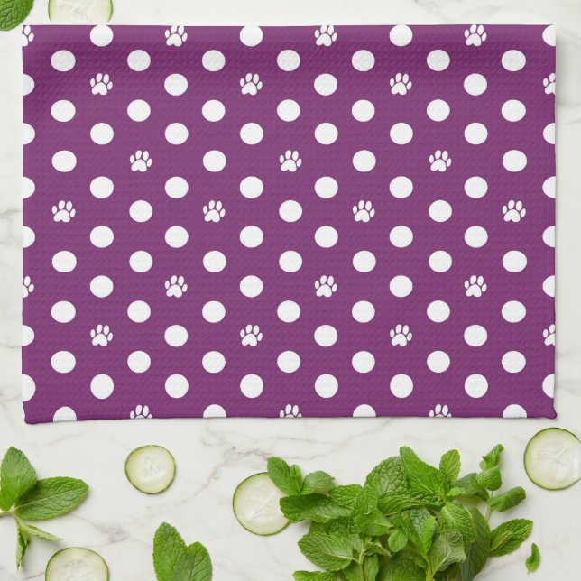 Whimsical Polka Dot Dog Paw Print Purple Tea Towel (Folded)