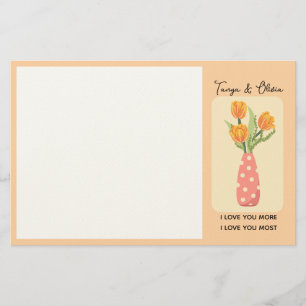 Whimsical polka dot vase with vibrant tulips stationery