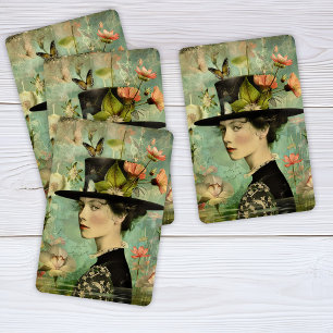Whimsical Portrait of a Lady with Flowers Playing Cards