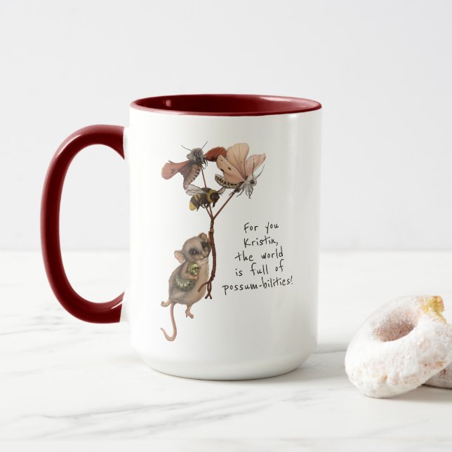 Whimsical Possum Moth and Bee Kid's Farewell Card  Mug (With Donut)