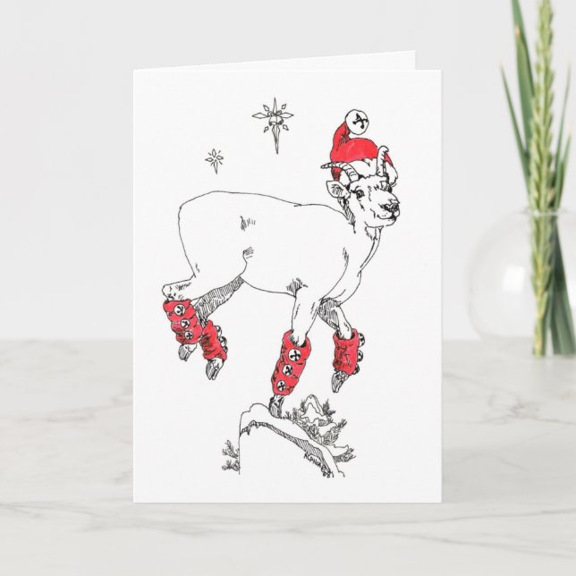 Whimsical Prancing Goat Ewe Bells Christmas Card (Front)
