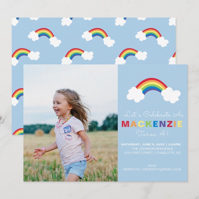 Whimsical Preppy Photo Girl Rainbow Birthday Party Invitation (Front/Back)