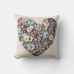 Whimsical Pressed Flower Heart Botanical Drawing  Cushion