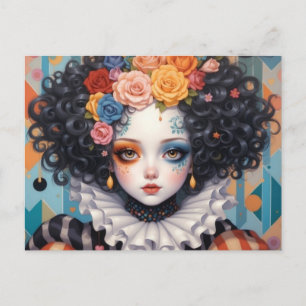 Whimsical Pretty Clown Girl with Colourful Flowers Postcard