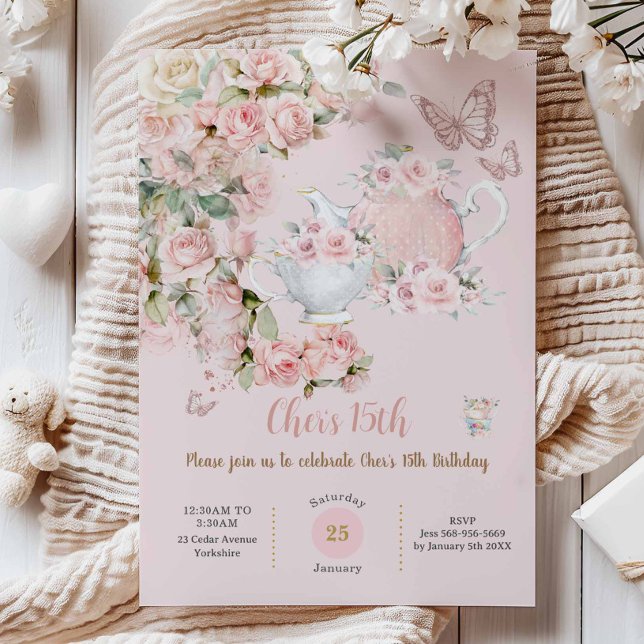 Whimsical Princess Fairytale Castle Pink Birthday Invitation (shabby chic blush pink roses floral high tea party birthday baby shower bridal invitation cards )