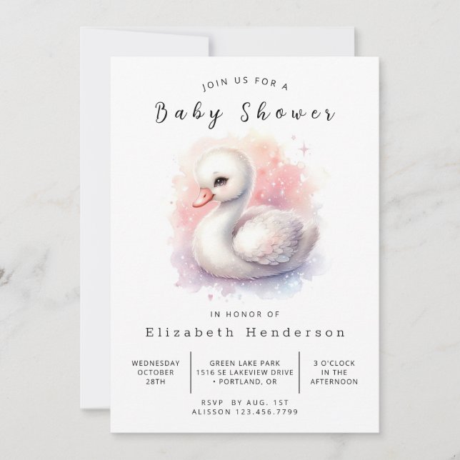 Whimsical Printable Swan Baby Shower Invitation (Front)