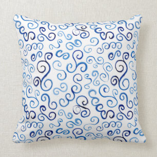 Whimsical Prussian Blue Watercolor Curves Cushion