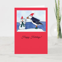 Whimsical Puffin Christmas Greeting Card