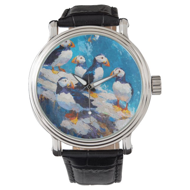 Whimsical Puffin Ocean Blue Watch (Front)