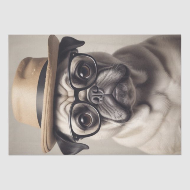 Whimsical Puggle in Hat and Glasses Decoupage Tissue Paper (Front)