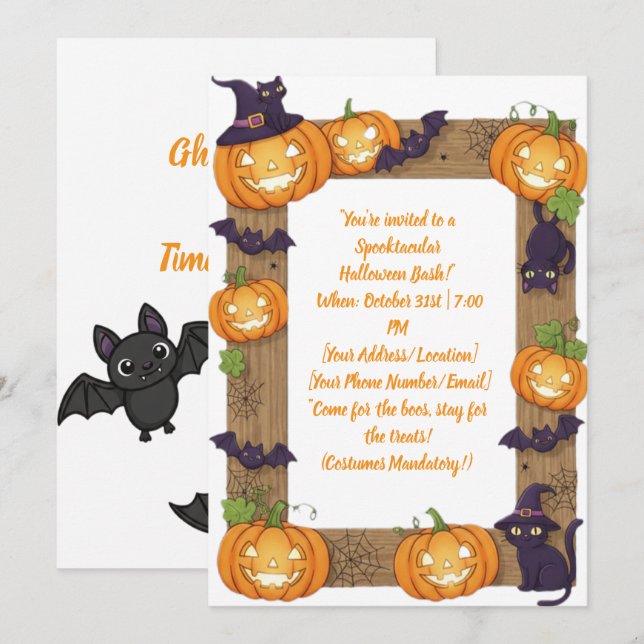 Whimsical Pumpkin and Black Cat Halloween Invite (Front/Back)