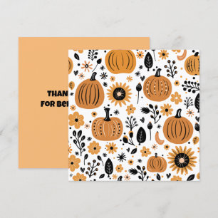 Whimsical pumpkin and fall flower personalised thank you card