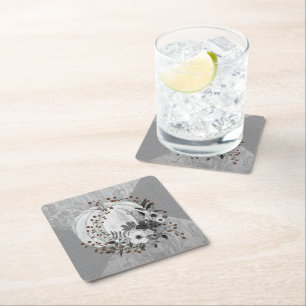 Whimsical Pumpkin Florals & Red Berries Grayscale Square Paper Coaster