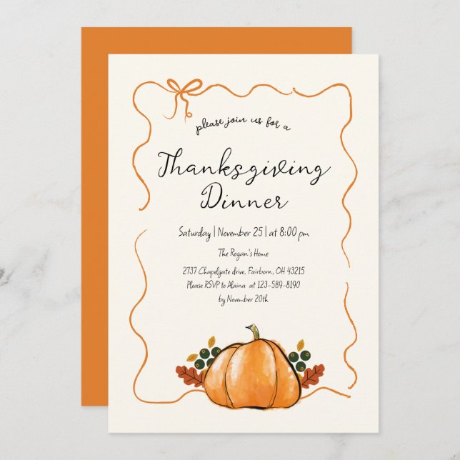 Whimsical Pumpkin Handwriting Thanksgiving Dinner  Invitation (Front/Back)