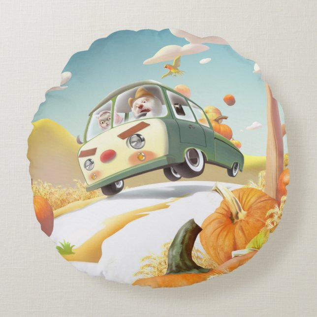 Whimsical Pumpkin Ride Round Cushion (Front)