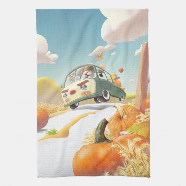 Whimsical Pumpkin Ride Tea Towel (Vertical)