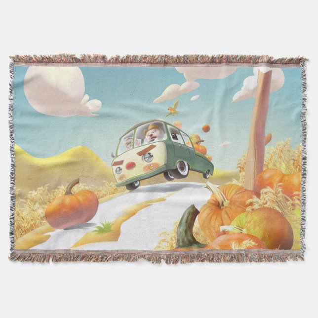 Whimsical Pumpkin Ride Throw Blanket (Front)