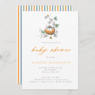 Whimsical Pumpkin & Stripes Fall Baby Shower Invitation