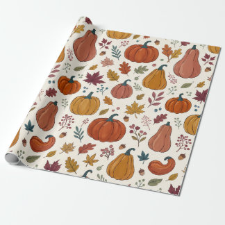 Whimsical Pumpkins & Autumn Leaves Fall Pattern Wrapping Paper