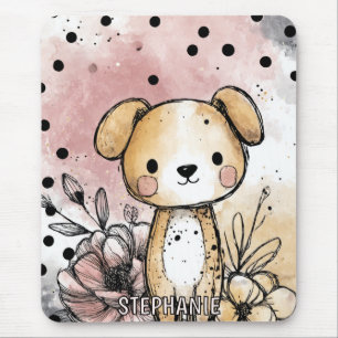 Whimsical Puppy Floral Watercolor Art (1) Mouse Pad