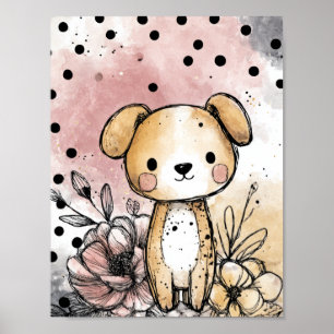 Whimsical Puppy Floral Watercolor Art (1) Poster