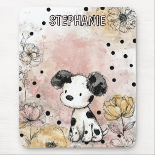 Whimsical Puppy Floral Watercolor Art (2) Mouse Pad