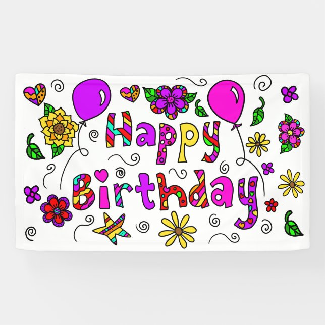 Whimsical Purple and Pink Happy Birthday Girl's Banner (Horizontal)