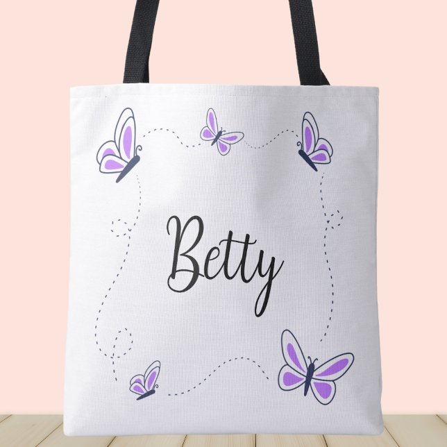 Whimsical Purple and white butterflies Tote Bag (Purple butterflies custom name tote bag.)