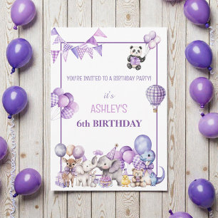 Whimsical Purple Animals Birthday Invitation