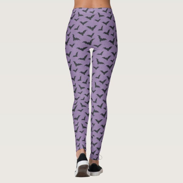 Whimsical Purple Bat Pattern Halloween Leggings (Back)