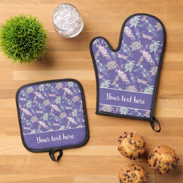 Whimsical Purple Blue Pink Gray Dragonfly Print Oven Mitt & Pot Holder Set (Top Down)