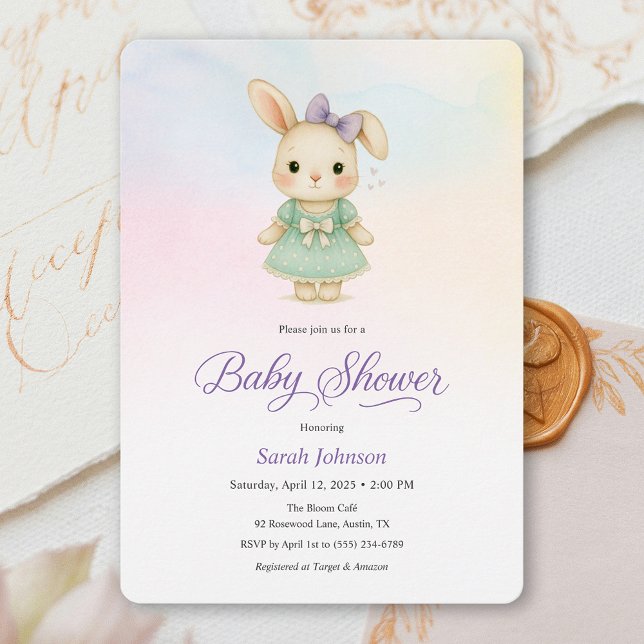 Whimsical Purple Bunny Girl Baby Shower Invite (Whimsical Purple Bunny Girl Baby Shower Invite)