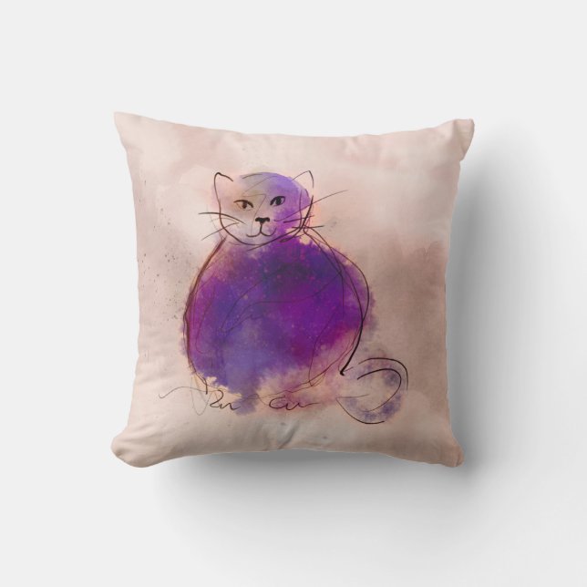 whimsical purple cat watercolor design  cushion (Front)