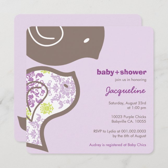 Whimsical Purple Damask Chicks Baby Shower Invite (Front/Back)