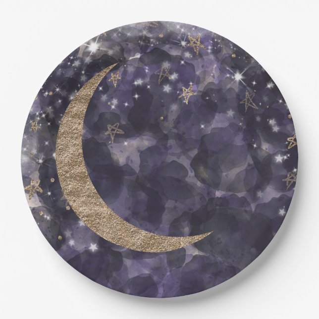 Whimsical Purple Gold Moon Stars Baby Shower Paper Plate (Front)