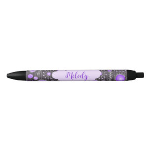 Whimsical purple grey heart and flower floral name black ink pen