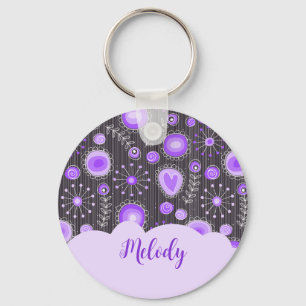 Whimsical purple grey heart and flower floral name key ring