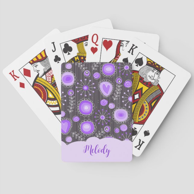 Whimsical purple grey heart and flower floral name playing cards (Back)